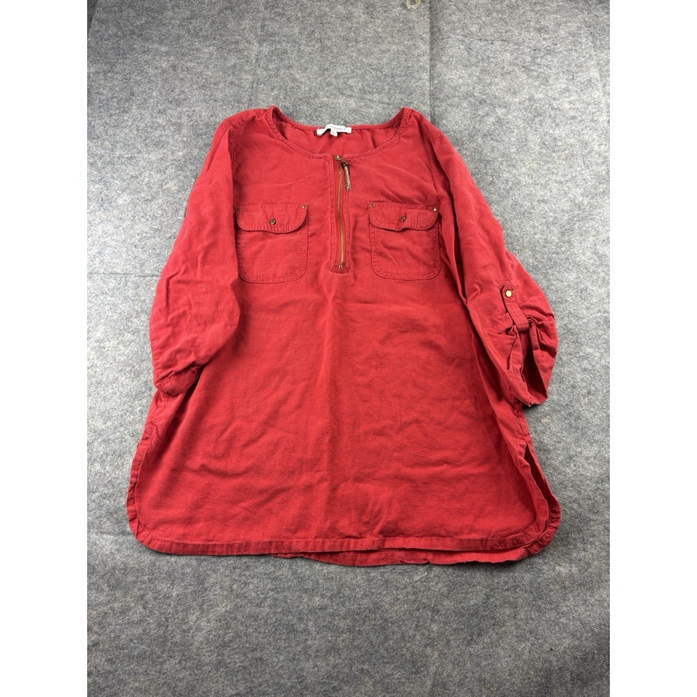 Emily Daniels Womens L Tunic Top Red Linen Blend 3/4 Roll Tab Sleeve Gold Zipper